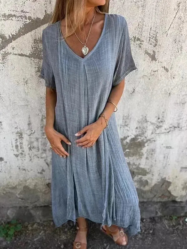 🌸 Damen Fashion V-Ausschnitt Baumwoll-Leinen Kleid – Elegant & Bequem 🌸