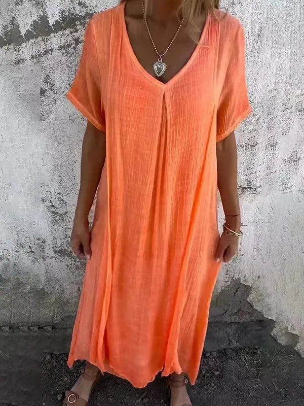 🌸 Damen Fashion V-Ausschnitt Baumwoll-Leinen Kleid – Elegant & Bequem 🌸