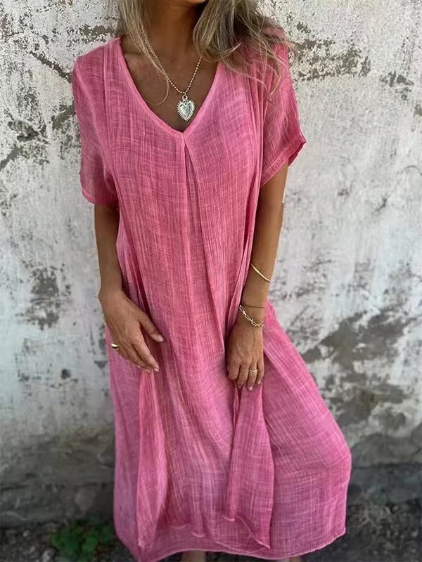 🌸 Damen Fashion V-Ausschnitt Baumwoll-Leinen Kleid – Elegant & Bequem 🌸